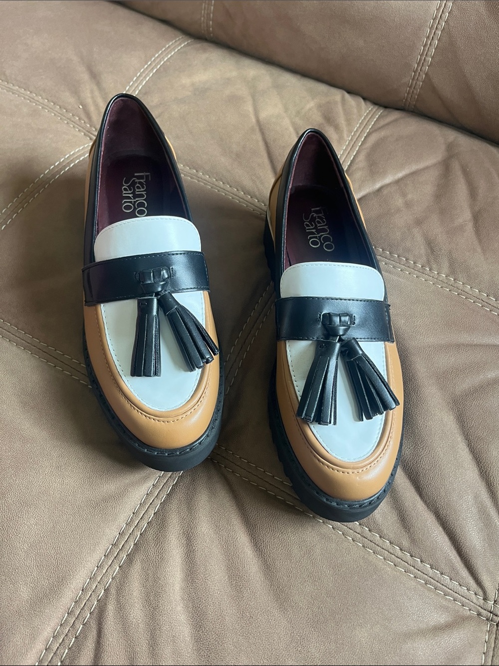 Franco Sarto Tan/Black/White Tassel Penny Loafers